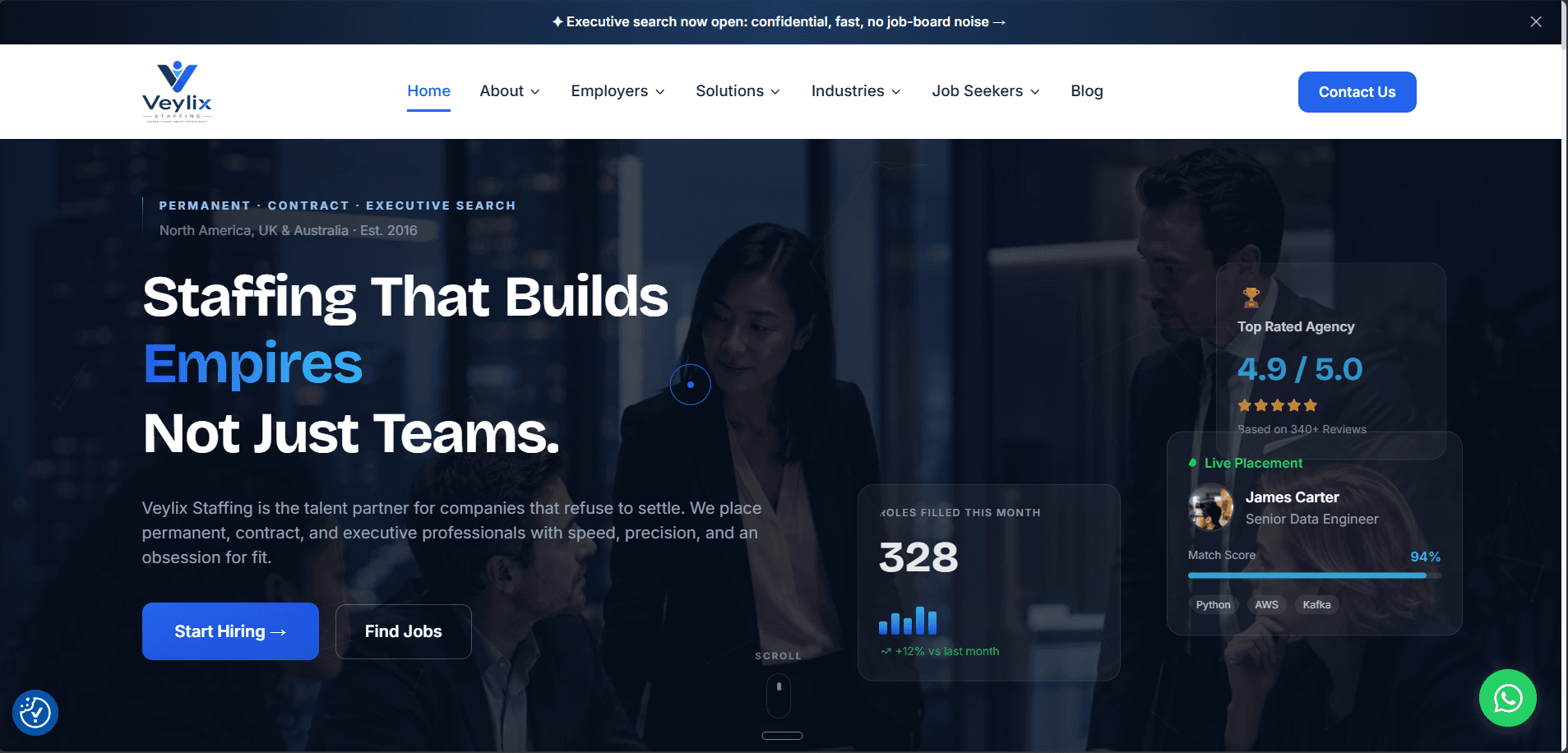 Veylix Staffing site scrolling through the 'Staffing That Builds Empires Not Just Teams' hero and live placement stats